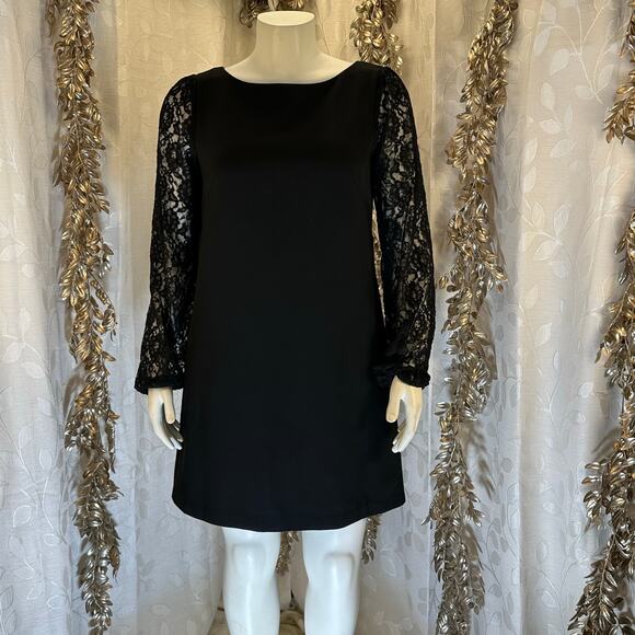 White House Black Market Women’s 12 Black Lace Sleeve Shift Cocktail Dress - Picture 7 of 12